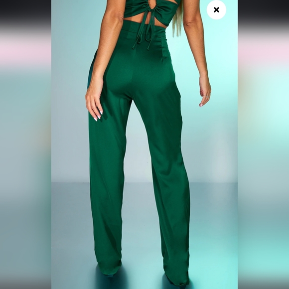 Forest Green Satin High Waist Wide Leg Pants - Picture 3 of 11